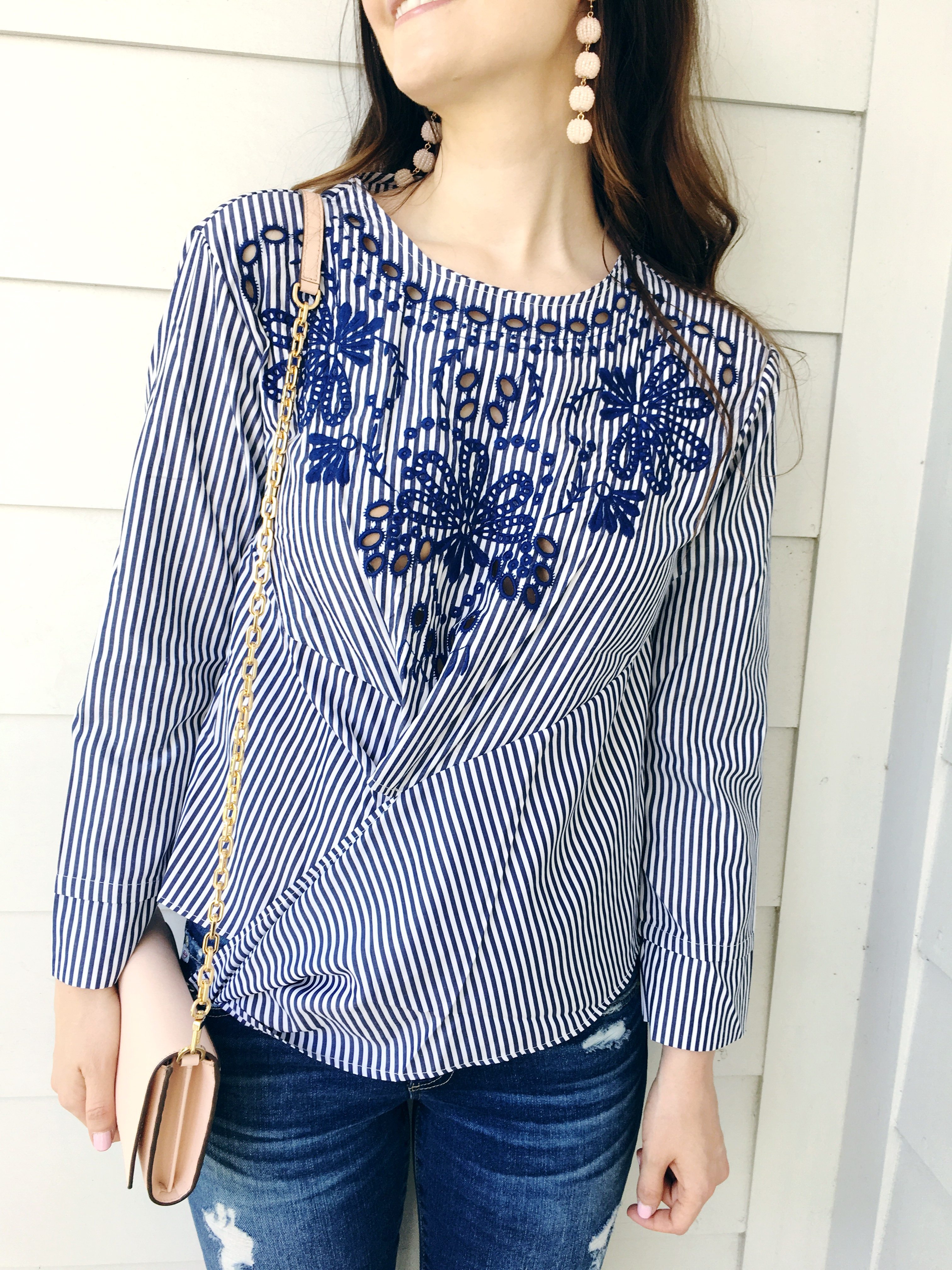 Denim Striped Embroidered Top
